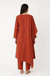 Rust Orange Cotton Embroidered Kurta Set with Dupatta for Women