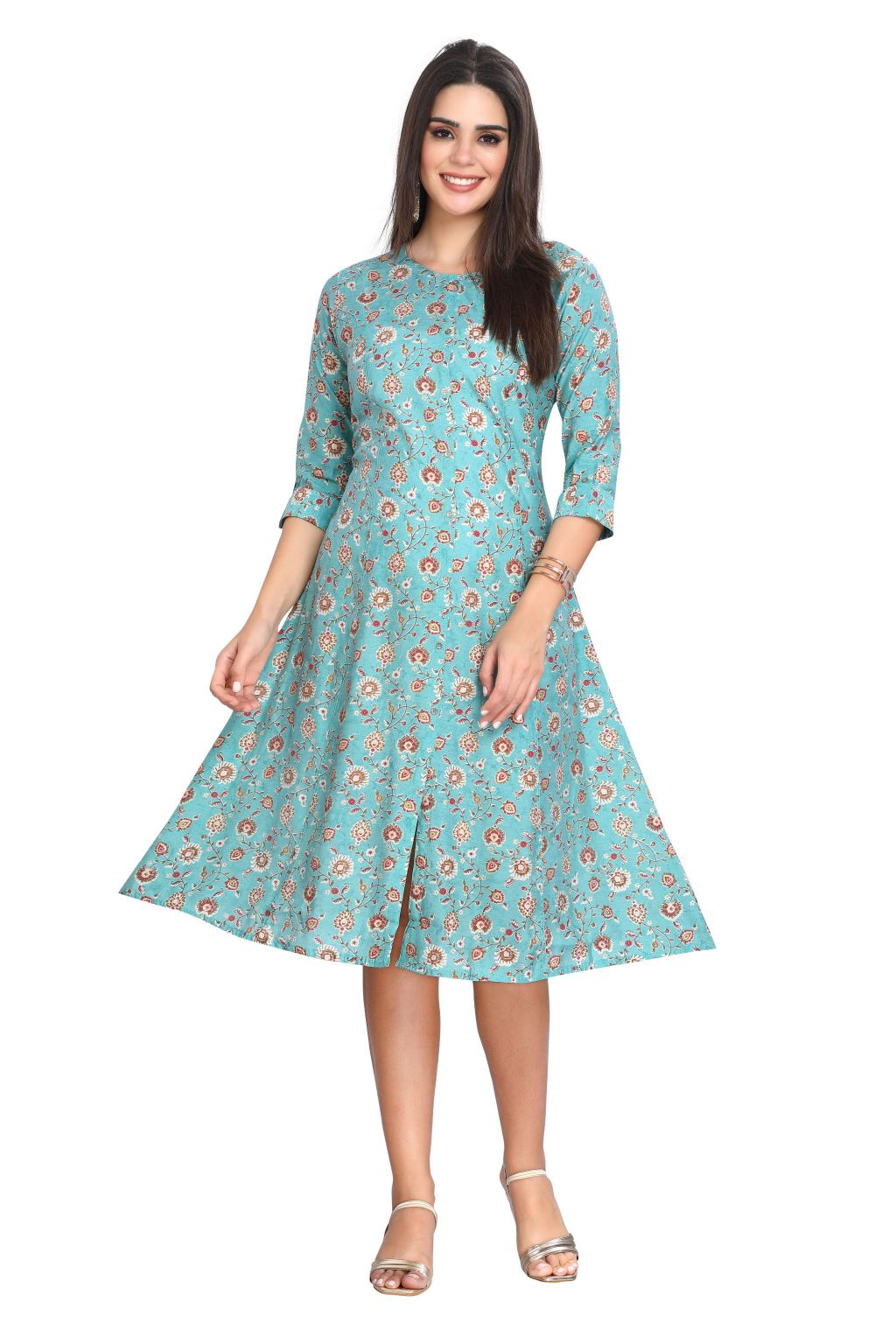 Sky Blue Muslin A-Line Kurti Floral Foil Print, Knee Length M / Blue Sky Blue Muslin A-Line Kurti Floral Foil Print, Knee Length M / Blue