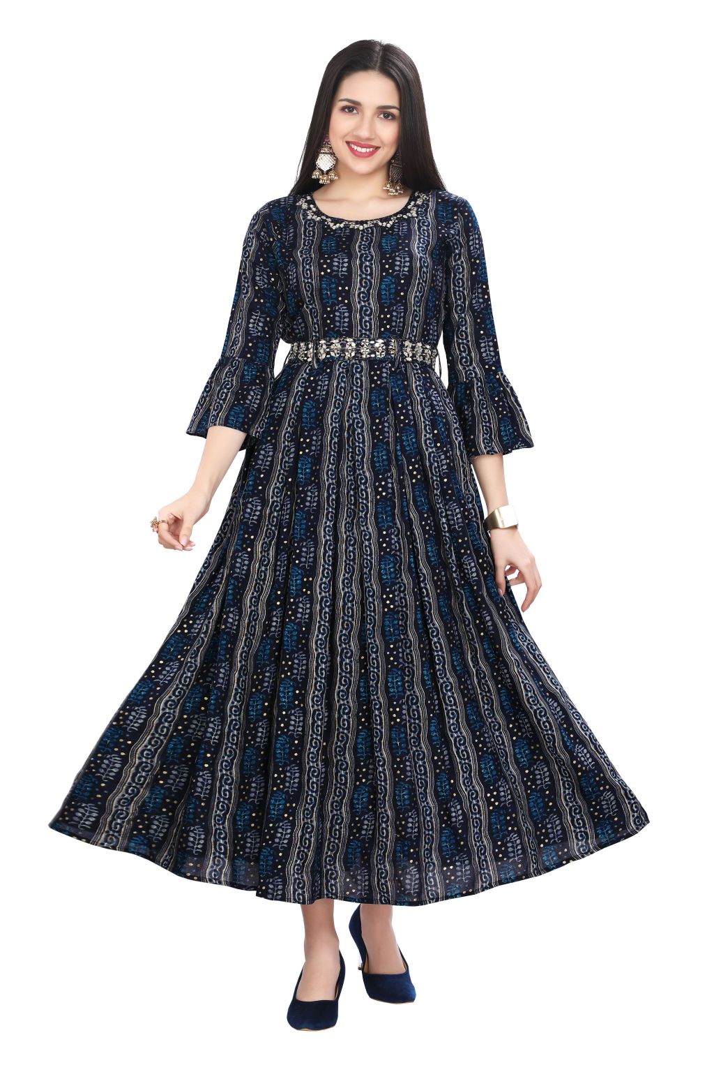 Fashion Belt One Piece Dress Indigo Blue Batik Print Rayon Frock Dress With Mirror Work Ankle Length 2XL Blue Fashion Belt One Piece Dress Indigo Blue Batik Print Rayon Frock Dress With Mirror Work Ankle Length 2XL Blue