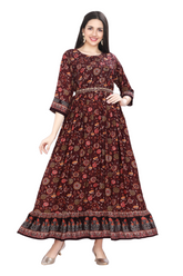 Brown Gown Style Floral Print One Piece Dress with Belt