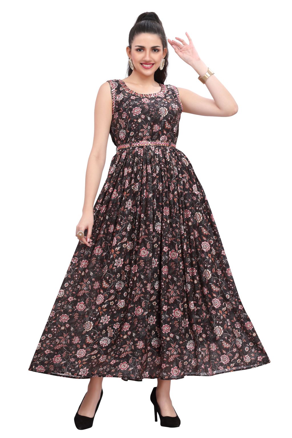 Floral Print One Piece Dress for women with Mirror work Belt M Black