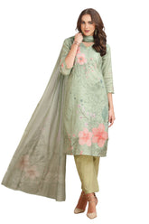 Floral Print Chikankari Straight cut Kurta set with pant and Dupatta Green