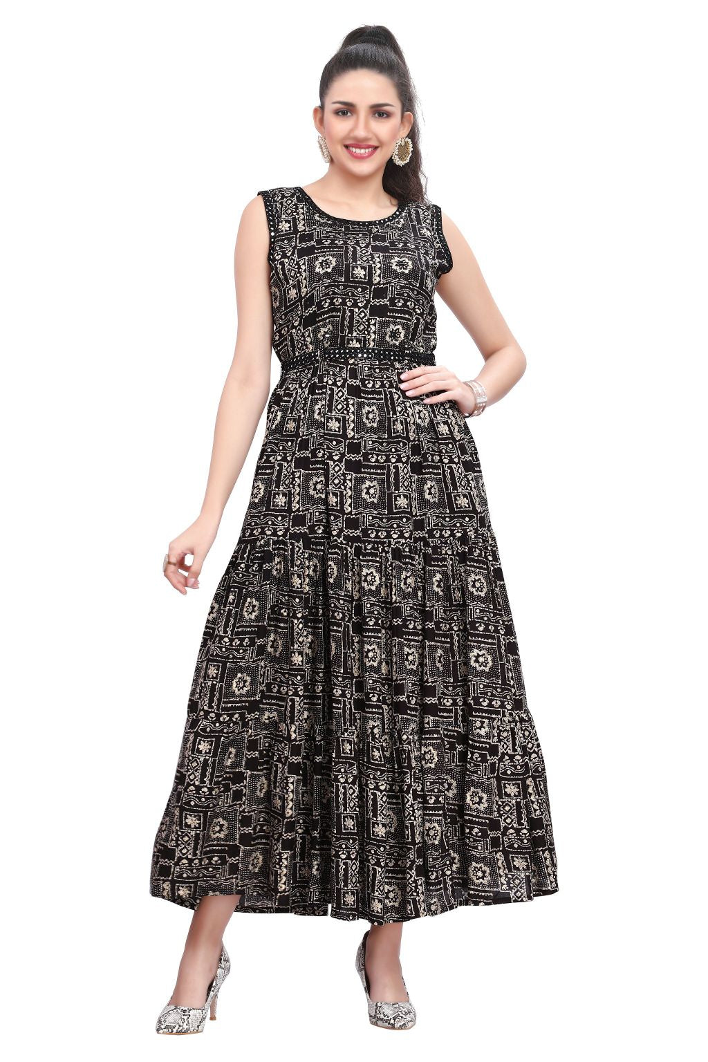 Batik Print Frock Style Rayon Dress with Mirror Work Neckline L / Black Batik Print Frock Style Rayon Dress with Mirror Work Neckline L / Black