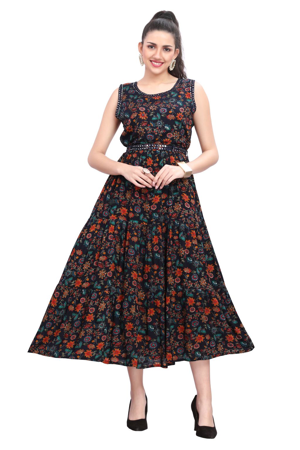Denim Blue Multi-Tiered Floral Rayon Frock Dress with Mirror Embroidery Denim Blue Multi-Tiered Floral Rayon Frock Dress with Mirror Embroidery