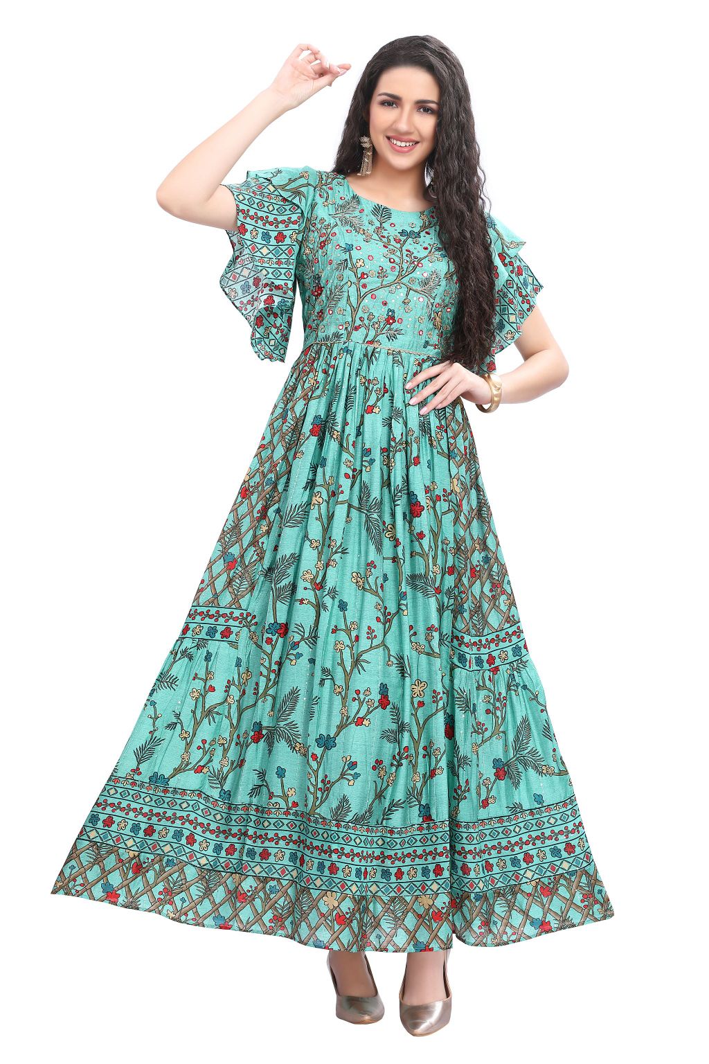 Sea Green Modal Gown – Kalamkari Floral, Mirror Zari Yoke