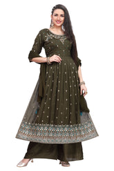 Olive Green Modal Nyra Cut Kurti Set with Sequin Embroidery and Palazzo