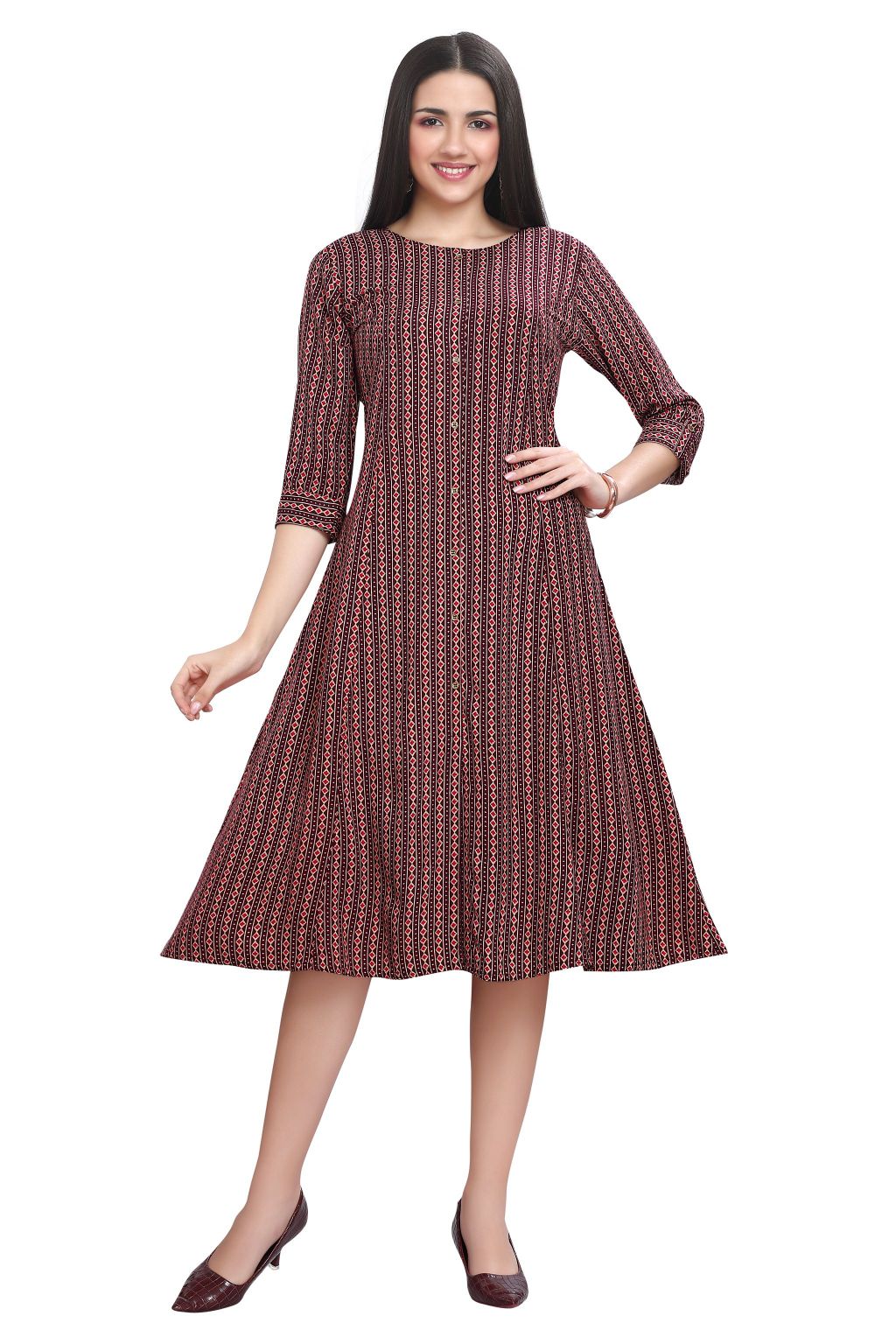 Wine Purple Rayon A-Line Dress With Stripes & Geometric Print Knee Length L / Purple Wine Purple Rayon A-Line Dress With Stripes & Geometric Print Knee Length L / Purple