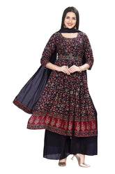 Purple Kalamkari Nyra Cut with Embroidery Belt plus Palazzo and Dupatta