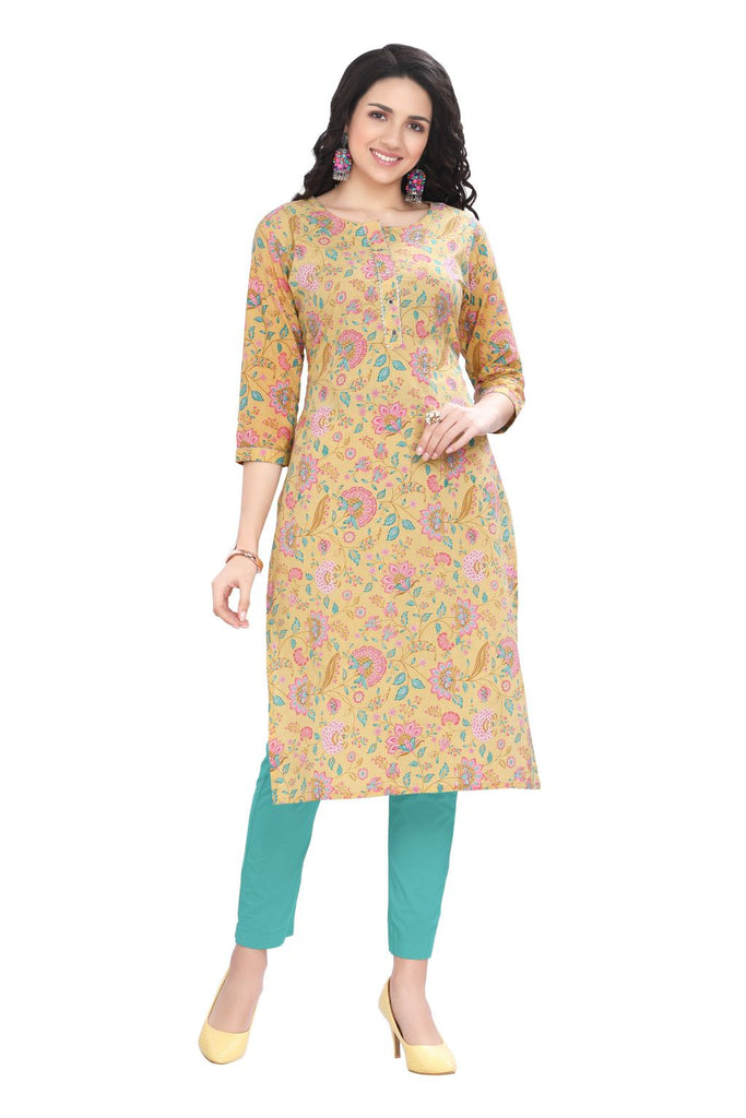 Yellow Straight Cut Printed Kurti with Zari work