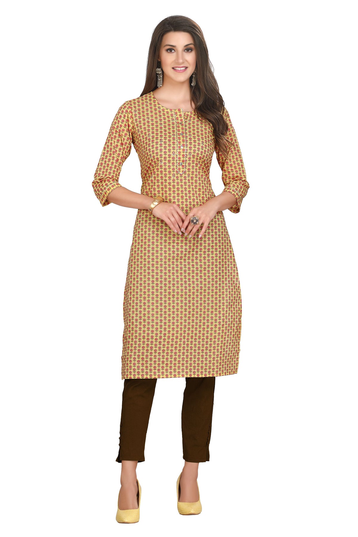 Yellow Cotton Kurti with Jaipuri Buti Print and Zari Work