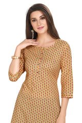 Yellow Cotton Kurti with Jaipuri Buti Print and Zari Work