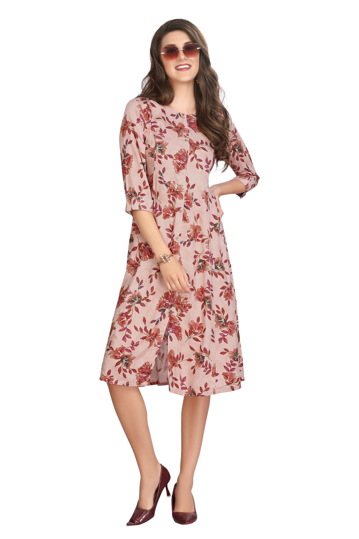 Rayon A-Line Floral Print Kurti with Front Slit