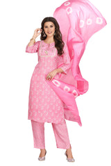 Floral Pink Silk Kurta Set with Embroidered Yoke and Silk Dupatta