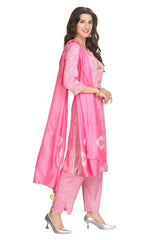 Floral Pink Silk Kurta Set with Embroidered Yoke and Silk Dupatta