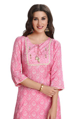 Floral Pink Silk Kurta Set with Embroidered Yoke and Silk Dupatta