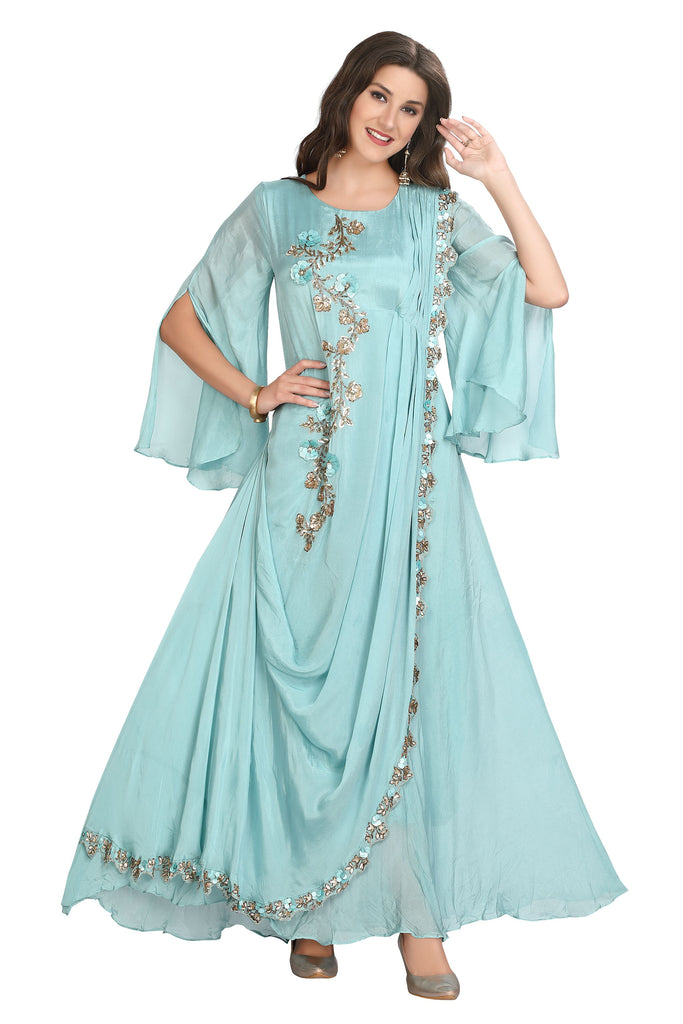 Metallic Blue Frock Style Chinnon Kurti with Designer Cowl Dupatta