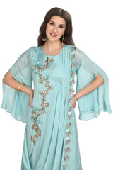 Metallic Blue Frock Style Chinnon Kurti with Designer Cowl Dupatta