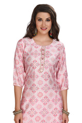 Abstract Print Muslin Kurta Set in Baby Pink with Gold Accents and Embroidery