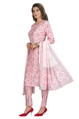 Abstract Print Muslin Kurta Set in Baby Pink with Gold Accents and Embroidery