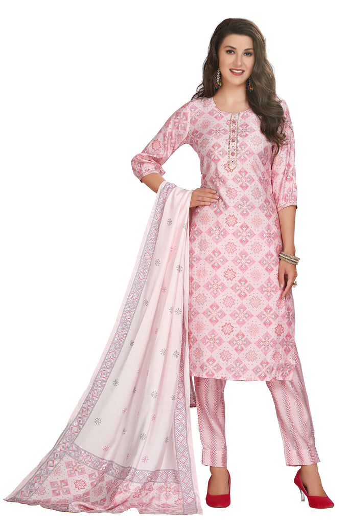 Abstract Print Muslin Kurta Set in Baby Pink with Gold Accents and Embroidery