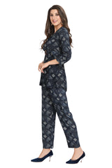 Abstract Print Shirt Style Co-ord Set with Beltin Navy Blue