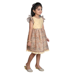 Ajrakh Print Silk Tissue Dress for Girls Frock Cream