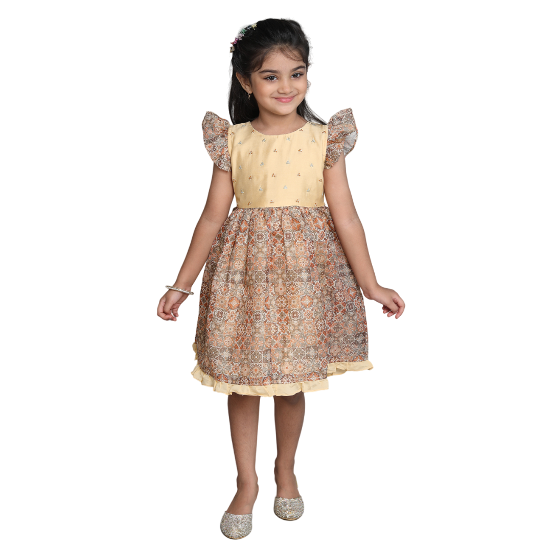 Ajrakh Print Silk Tissue Dress for Girls Frock Cream