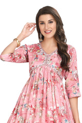 Alia Cut Printed Frock Style Cotton Kurti for Women with Hand Embroidery