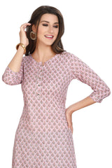 Pink Cotton Kurti for Women: Straight Cut with Flower Buti Print Highlights