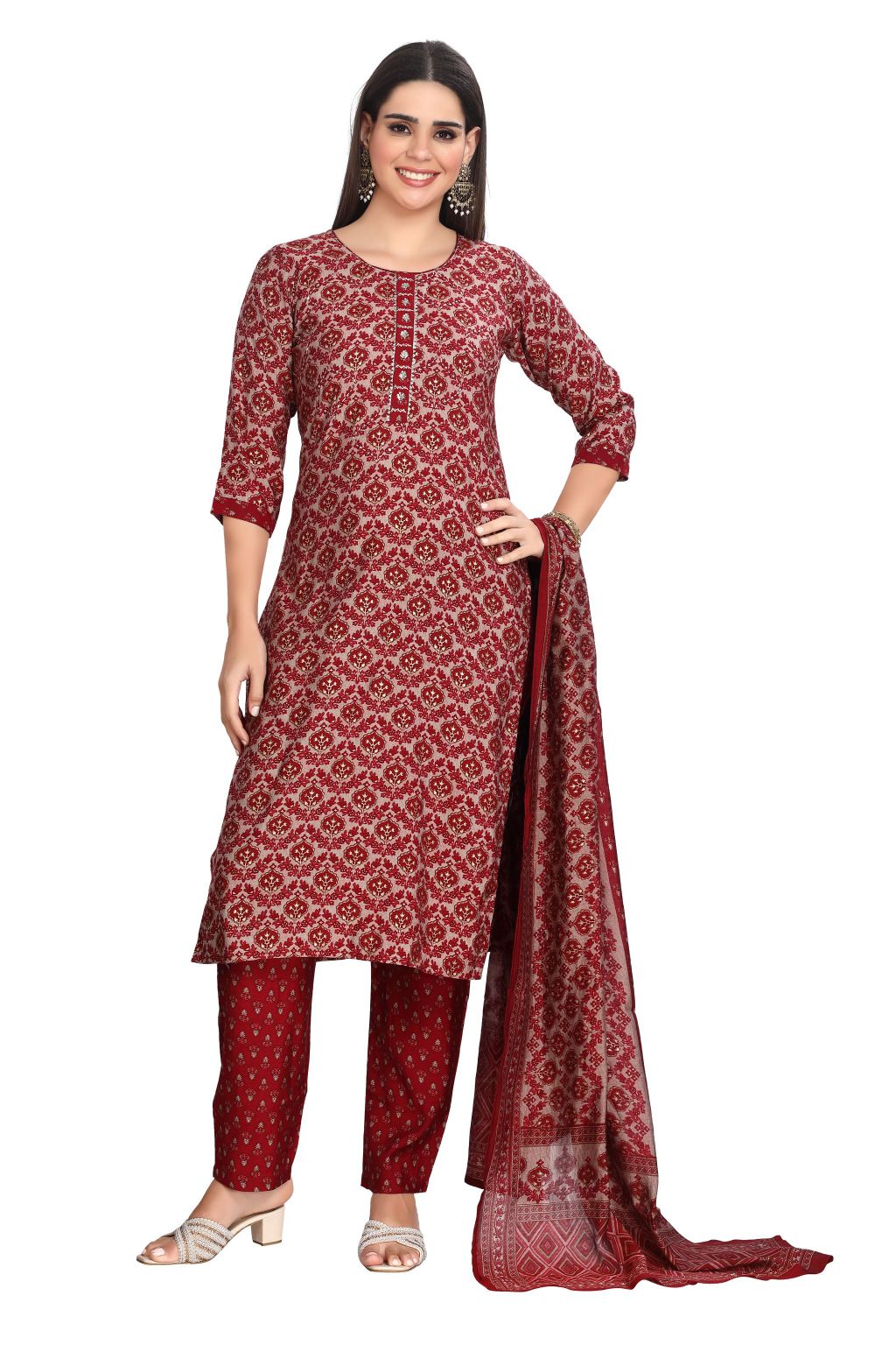 Bagru and Foil Print Kurta Set with Contrast Maroon Printed Pant