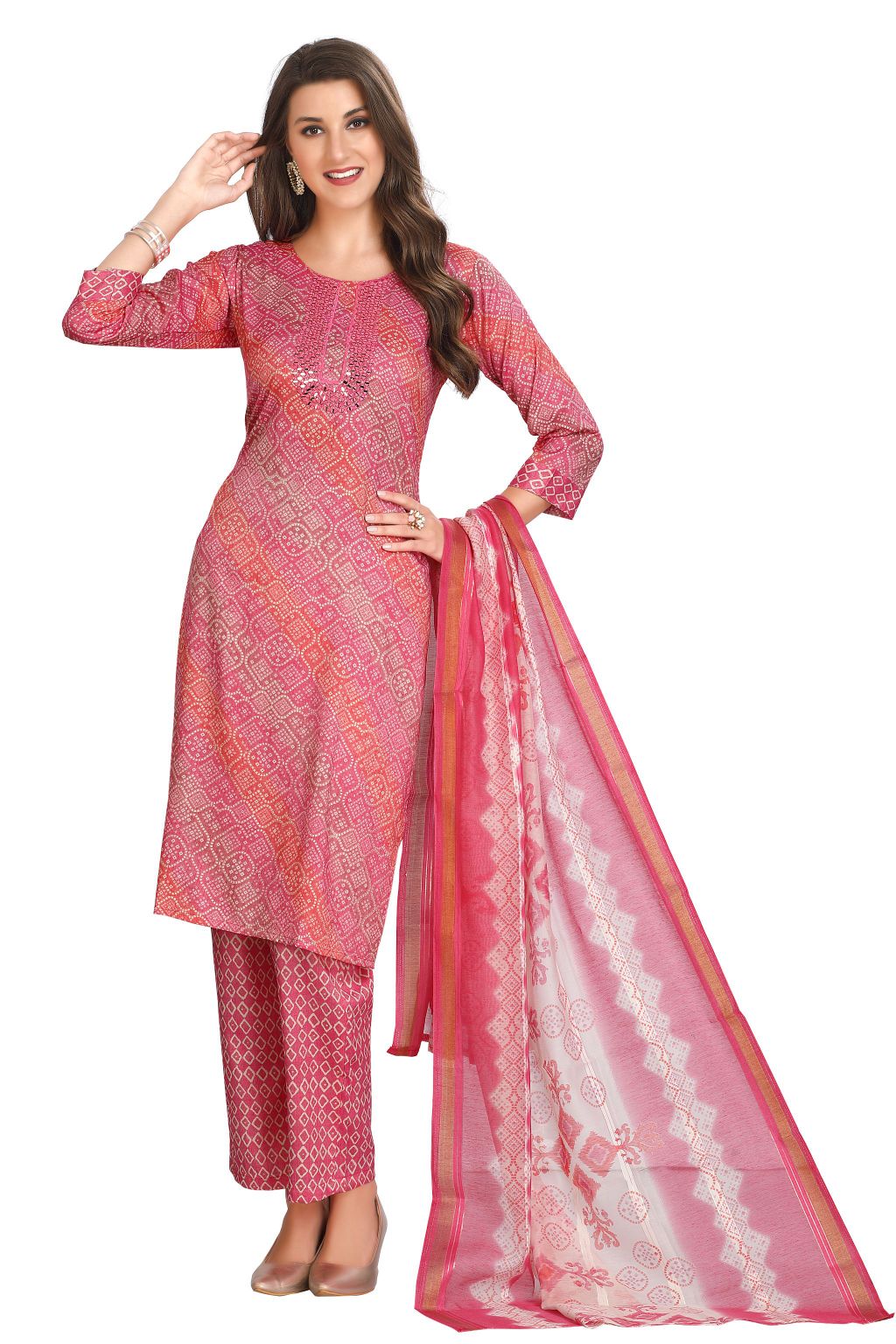 Bandhani Print Kurta Set for women with Narrow pant and Dupatta