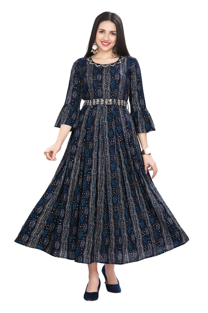 Frock Style One-Piece Dress in Batik Print with Embroidered Belt