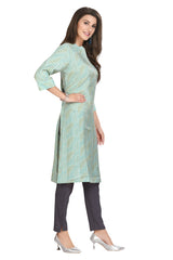 Green Printed Straight Cut Knee Length Kurti with Mandarin Collar and Highlighted Neck Line