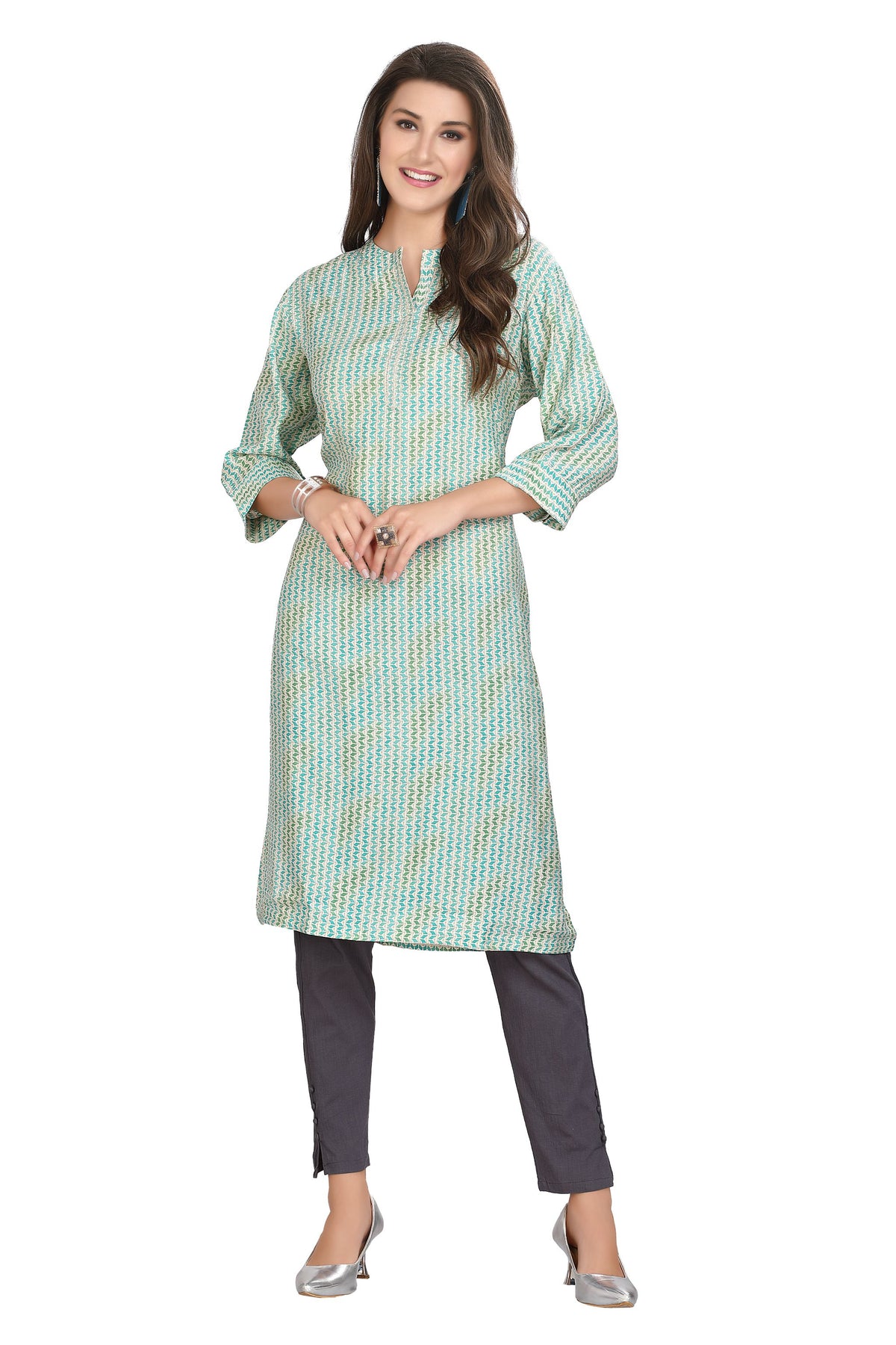 Green Printed Straight Cut Knee Length Kurti with Mandarin Collar and Highlighted Neck Line