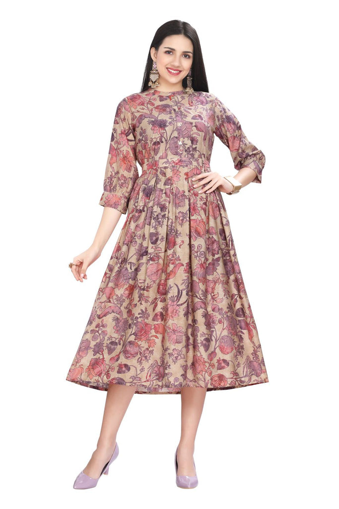 Beige Floral Muslin Frock with Mandarin Collar