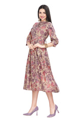 Beige Floral Muslin Frock with Mandarin Collar