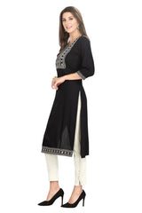 Black Cotton Straight Cut Knee-Length Kurti for Women with Embroidered Yoke