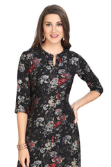 Black Floral Print A-Line Silk Kurti for Women with Front Slit