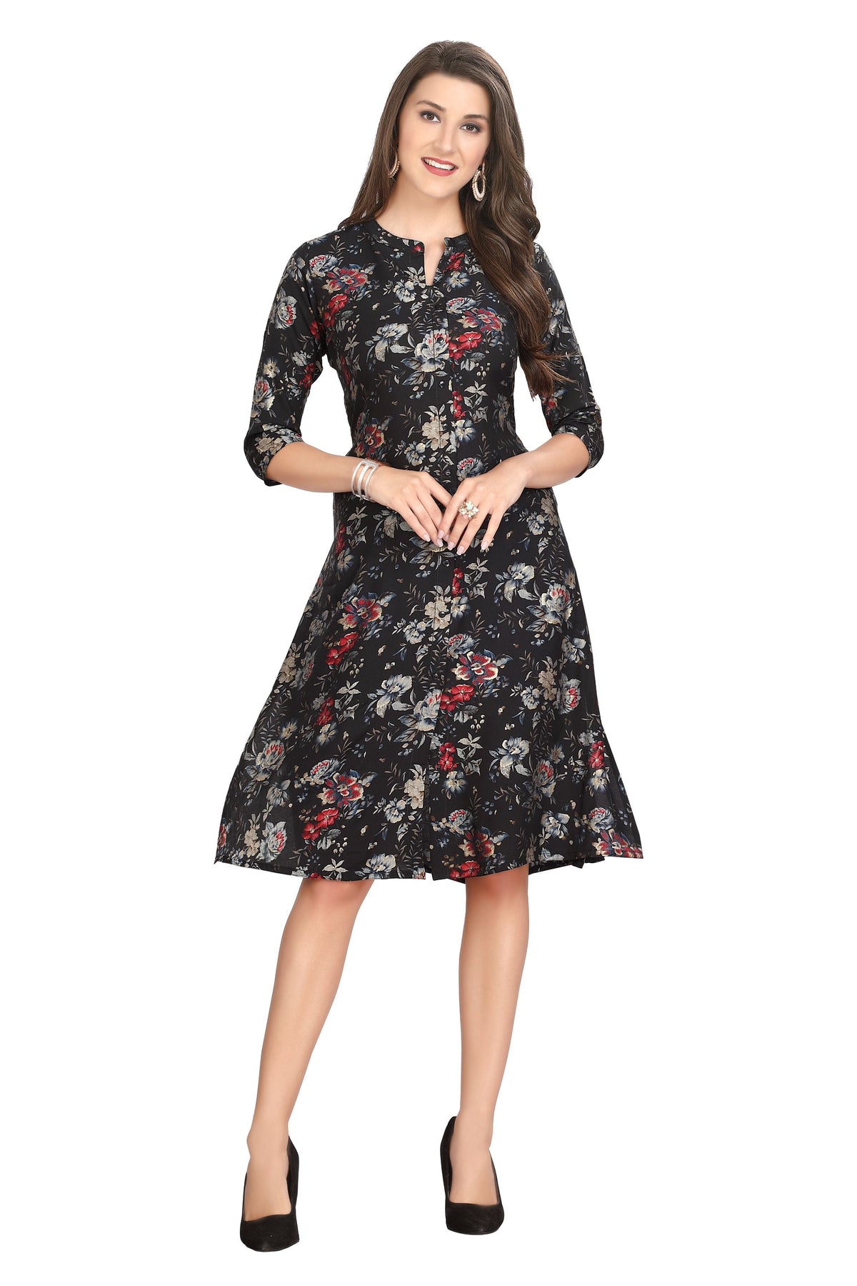 Black Floral Print A-Line Silk Kurti for Women with Front Slit