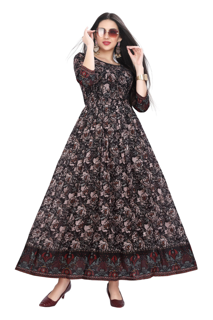 Black Frock Style One Piece Dress with Digital Floral Print