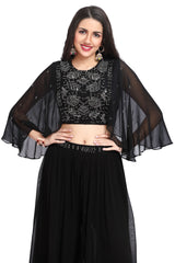 Black Georgette Indo Western Crop Top and Palazzo Set with Embroidered Yoke