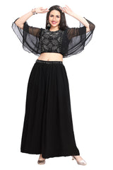 Black Georgette Indo Western Crop Top and Palazzo Set with Embroidered Yoke