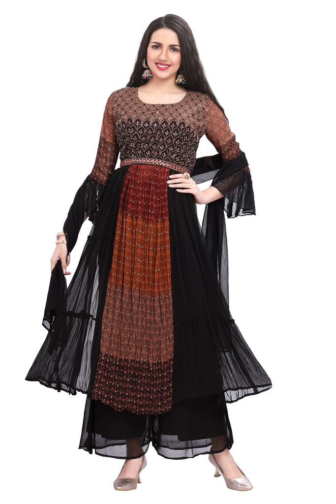 Black Georgette Nyra Cut Ajrak Print Set with Bell Sleeves and Designer Belt