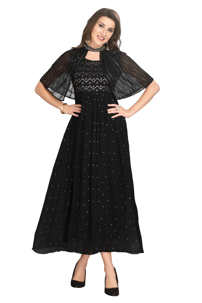 Black Georgette Frock Style Full-Length Kurti for Women with Designer Poncho