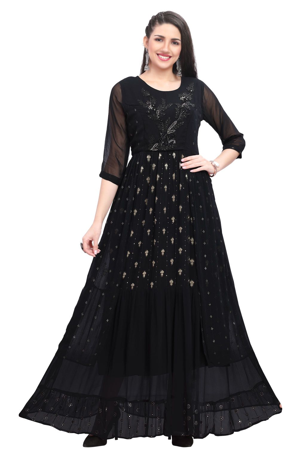 Black Multi-tiered Frock Style Kurta for Women With Peplum Border