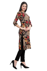 Black Rayon Kurti with Multi-Color Floral Print and Foil Highlights