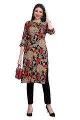 Black Rayon Kurti with Multi-Color Floral Print and Foil Highlights