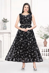 Black Satin Leaf Print Frock Style Kurti with Shell Work Embroidered Belt