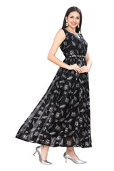 Black Satin Leaf Print Frock Style Kurti with Shell Work Embroidered Belt