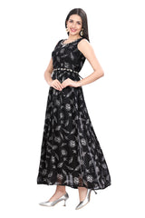 Black Satin Leaf Print Frock Style Kurti with Shell Work Embroidered Belt